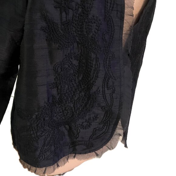 Chico's Women's Silk Open Front Blazer Jacket Size 2 12/14 Navy Embroidered - Picture 6 of 8
